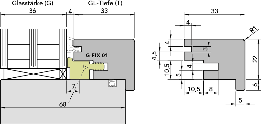 Glasleiste Standard - 5 mm ueberfaelzt - IV68 24mm